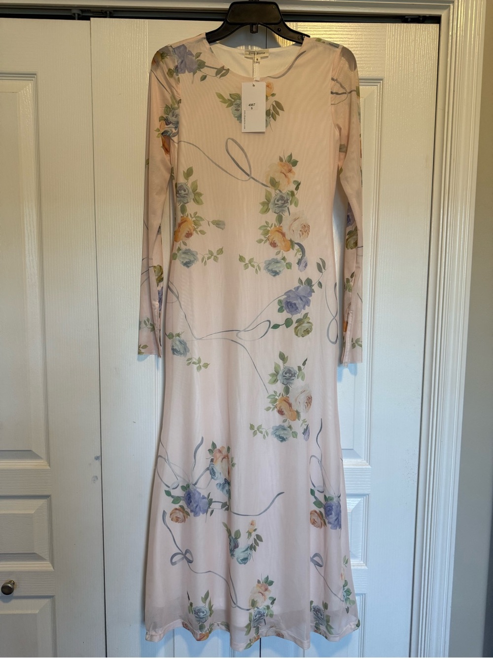 Shop Stevie Long Sleeve Floral Peach-Pink Midi Dress